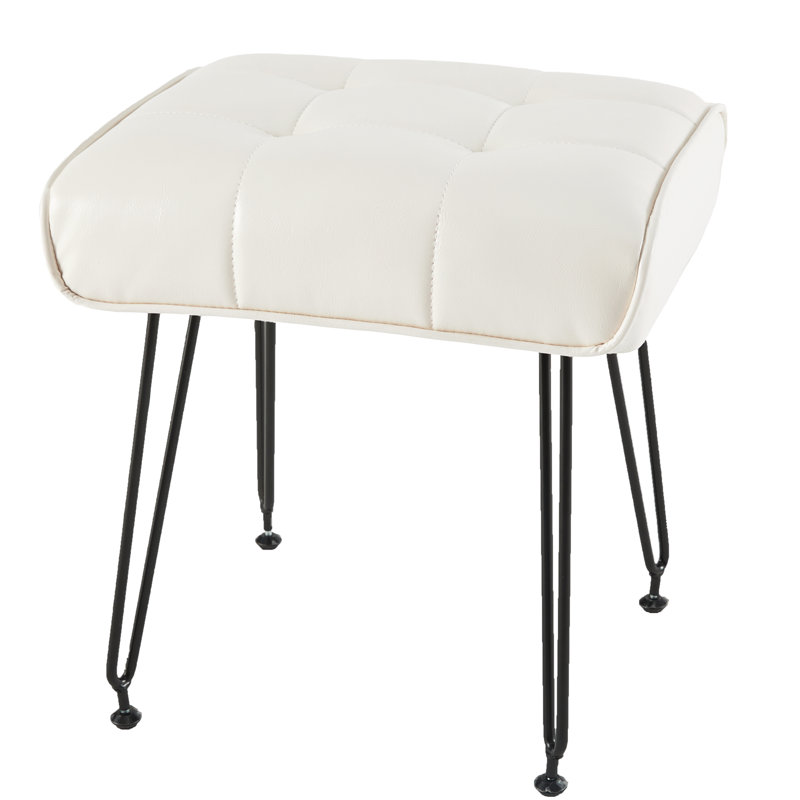 Faux Leather Upholstered Vanity Stool With Metal Legs, Cream White, Cream White