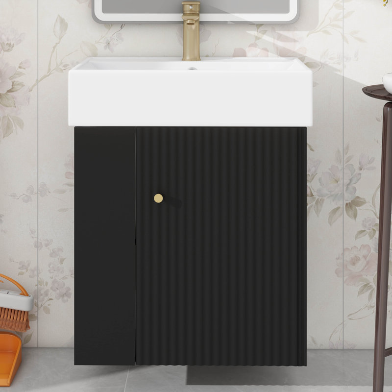 21.6 Inch Space Efficient Wall Mounted Bathroom Vanity With Sink Left Side Open Storage, Black