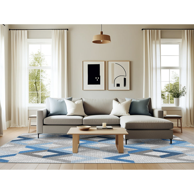 Tapis bleu/gris à motifs, Rectangle 6 pi x 9 pi