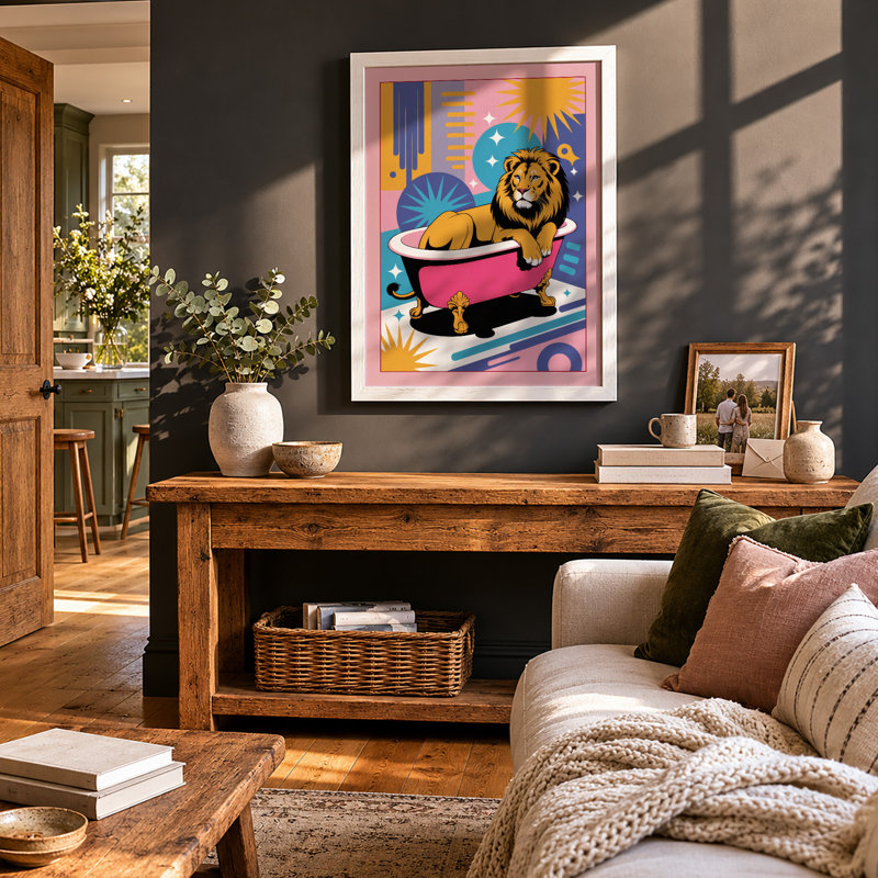 Lion in the Bath Art Deco - Framed Print, A4 - 29.7 x 21.0 cm, White