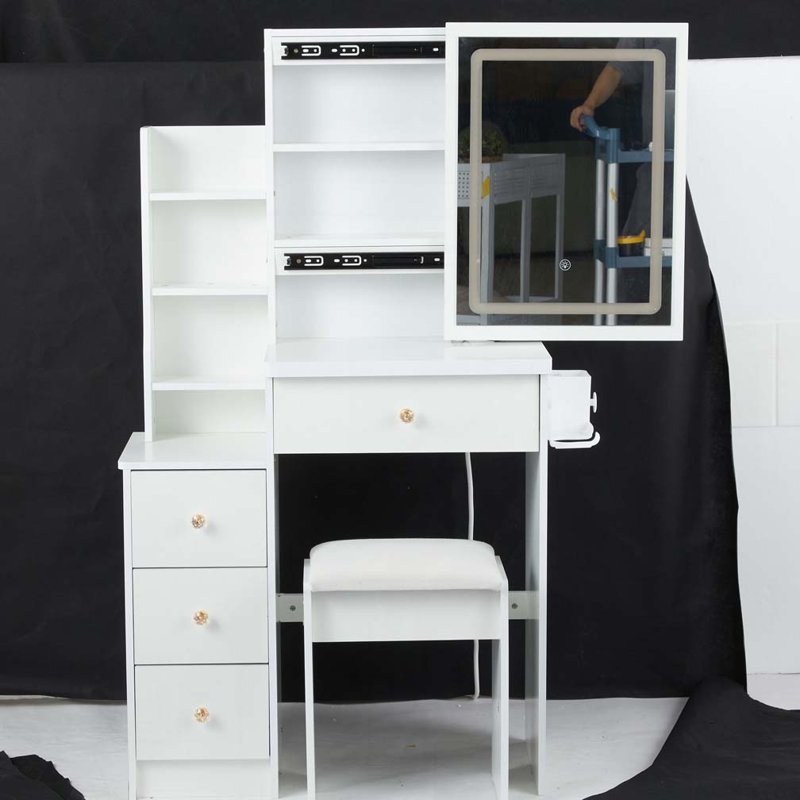 Petite coiffeuse 29,2 po avec tabouret de chevet gauche + tabouret rembourré, 2 blocs d'alimentation CA + 2 ports USB, support pour séchoir à cheveux, très grand miroir à DEL coulissant à contrôle tactile, changement de luminosité tricolore, réglage de la luminosité