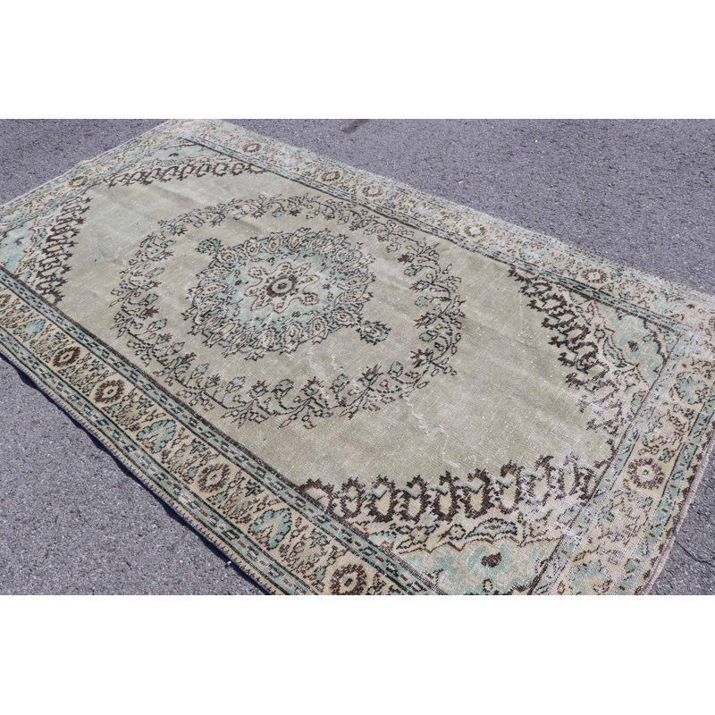 Handmade Vintage Turkish Rug With Green Accents For Home Decor and Large Living Room Area