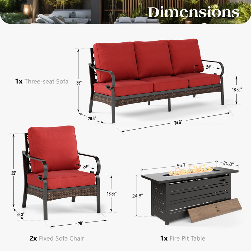 7 - Person Outdoor Furniture Sets With Thick Cushions, Red Cushion/Black Frame