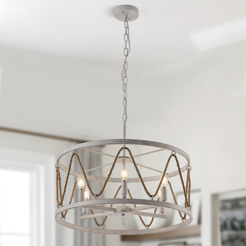 6-Light Dimmable Farmhouse Drum Chandelier With Hemp Rope Shade, White