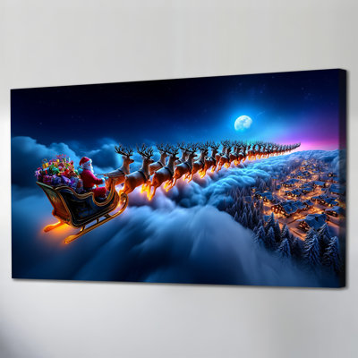 Grand Abhinaya - Père Noël et renne volant au-dessus d'un village d'hiver, affiche de vacances prête à être suspendue, œuvre d'art de Noël, 12 x 24 à 30 x 60 pouces, 30 x 60 pouces