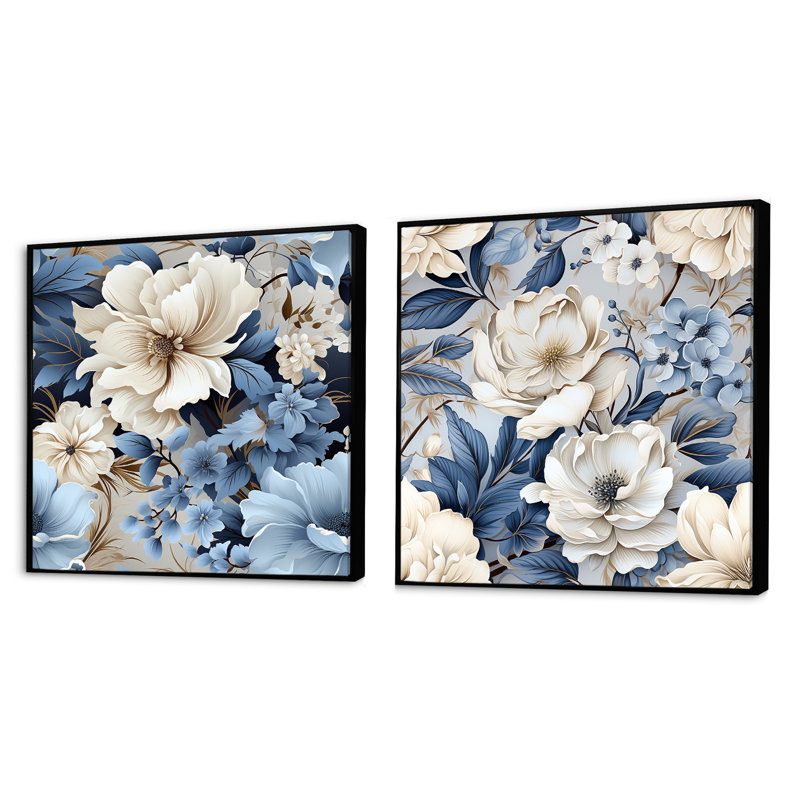 Watford - Ensemble de 2 collages carrés floraux, Cadre flottant noir, H 30 po x l 61 po