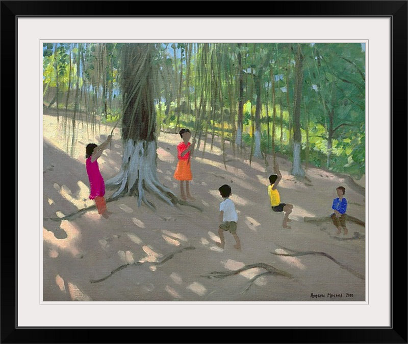 «Tree Swing Elephant Island Bombay» par Anmoore, reproduction d'art, H 20 po x l 23 po x P 1 po, Cadre noir