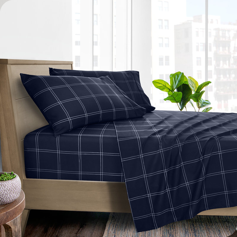 Microfiber Geometric Sheet Set, Twin XL Sheet Set + Fitted Sheet + Pillowcases, Midnight/White