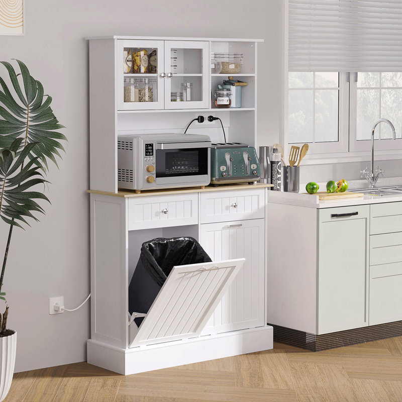 Armoire de rangement pour garde-manger 68 po avec station de charge, 2 armoires à ordures inclinables et support pour micro-ondes, huche de cuisine autoportante avec portes en verre et tablette réglable