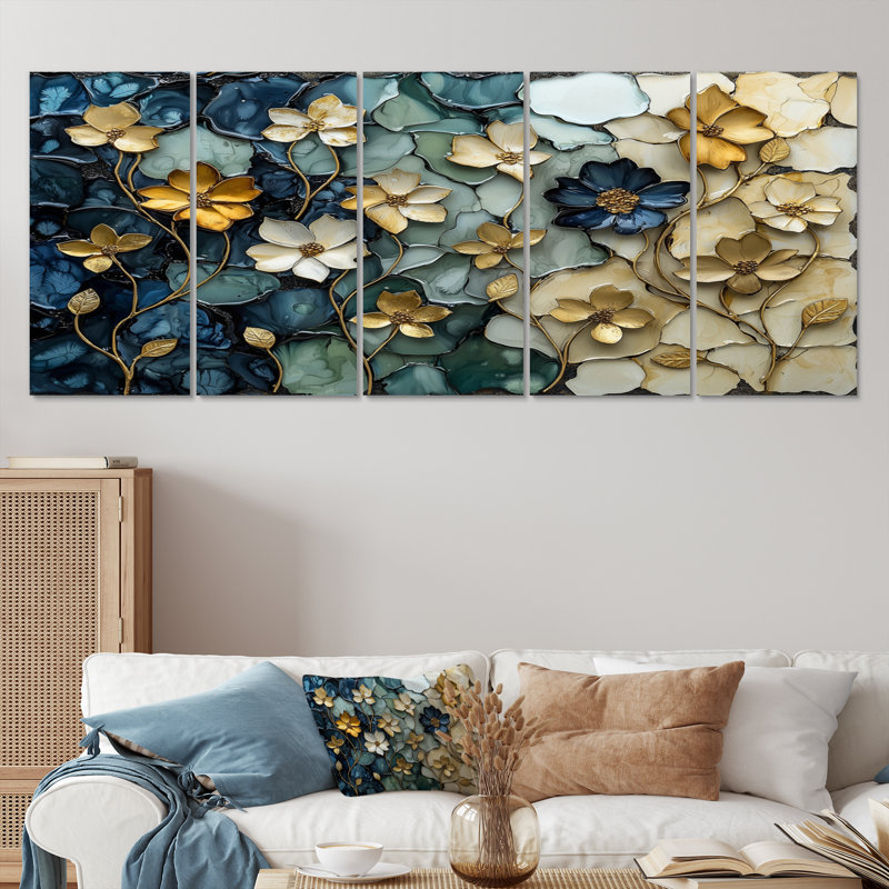 «Blue Canadian Wilderness Poppies Mosaic II - Boho Tiles», ensemble de reproduction d'art mural, H 28 po x l 60 po