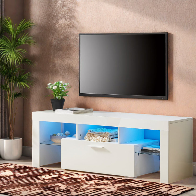 Meuble télé moderne avec panneau de particules à DEL blanc, pièce maîtresse du salon