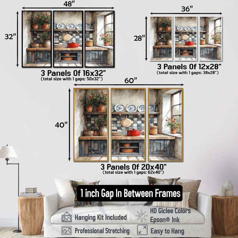 Country Kitchen Rustic Dream I - Ensemble d'art mural de cuisine, H 28 po x l 36 po x P 1 po, Toile avec cadre flottant noir