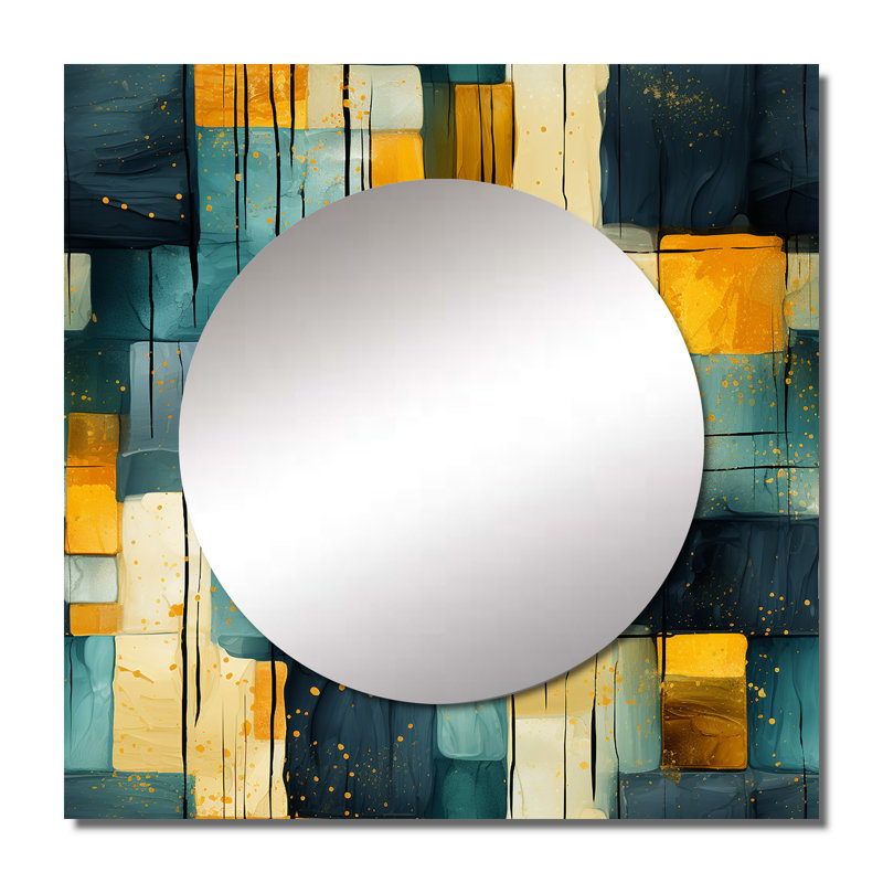 Jaune et bleu sarcelle abstrait géométrique fusion - grand miroir mural carré moderne pour la chambre à coucher