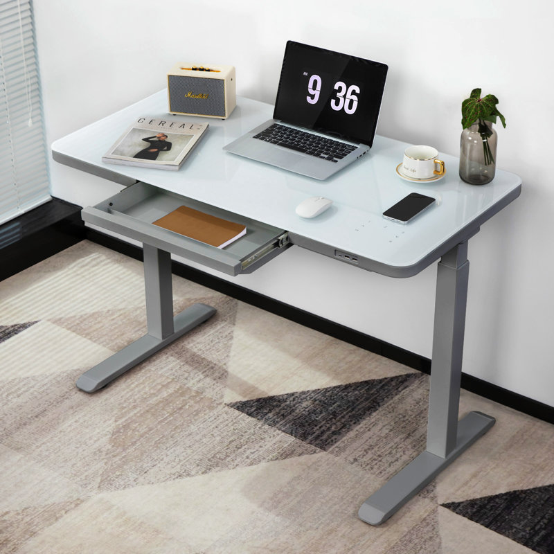 Gray Adjustable Height Standing Desk with Glass Top and Drawer