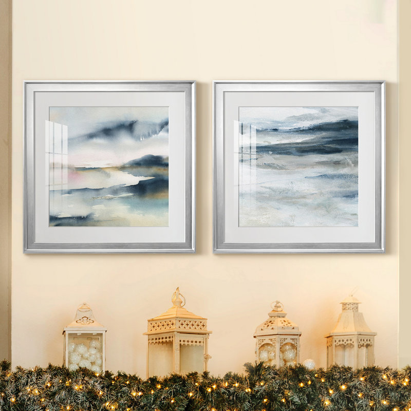 Sunwashed Horizon - Peinture encadrée sur papier, Impression encadrée avec passe-partout, H 17,5 po x l 35 po, Argent argent