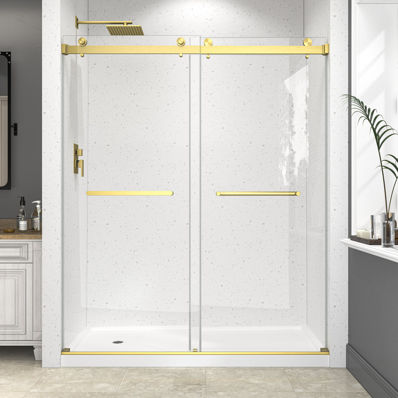 Porte de douche coulissante double sans cadre de 61 po à 66 po x H 78 po., Or brossé