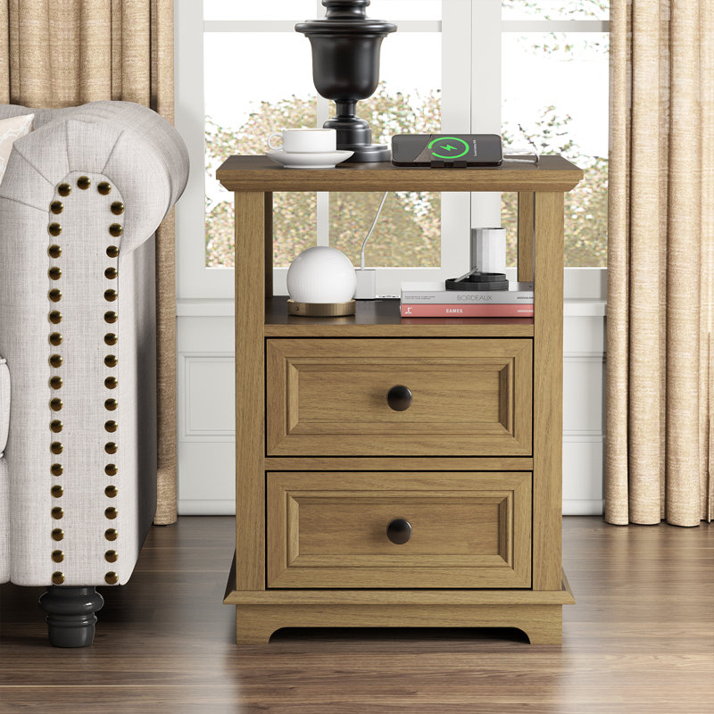 Bijal 2 - Drawer End Table and Built-In Outlets, Light Brown