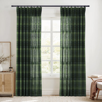 TWOPAGES Unlined Plaid Curtain Gingham Faux Linen Pinch Pleat Curtain