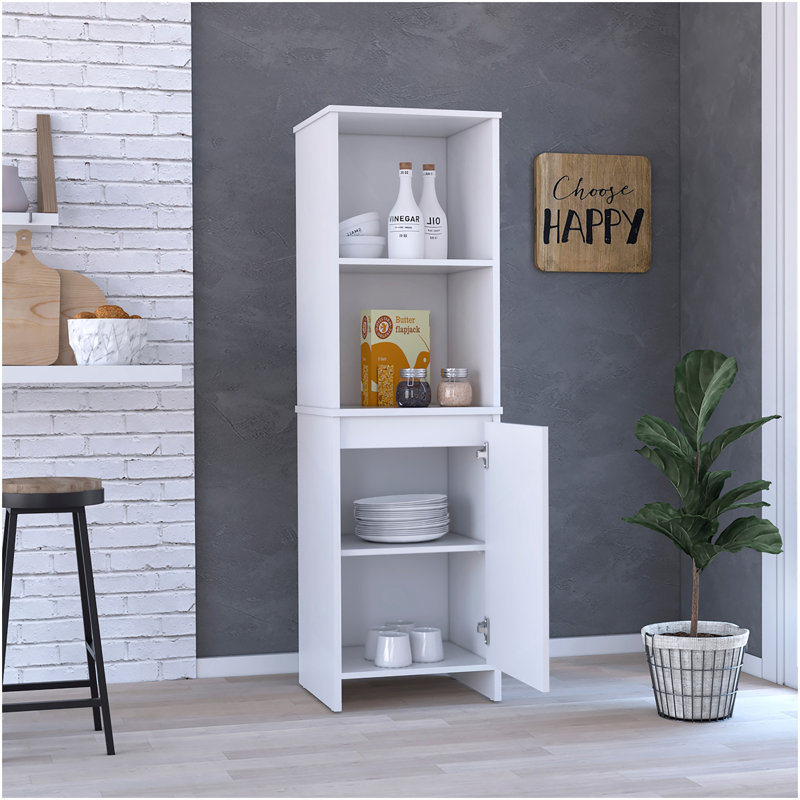Eiffel Kitchen Pantry, Two External Shelves, Single Door Cabinet, Two Interior Shelves White -White