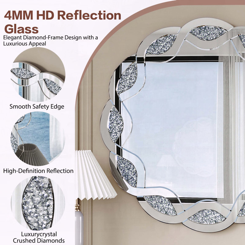 Miroir mural rond Silver Crush Diamond, 80 cm (31,5 pouces), cadre ondulé, idéal pour le salon, la salle de bain, la chambre ou le couloir.