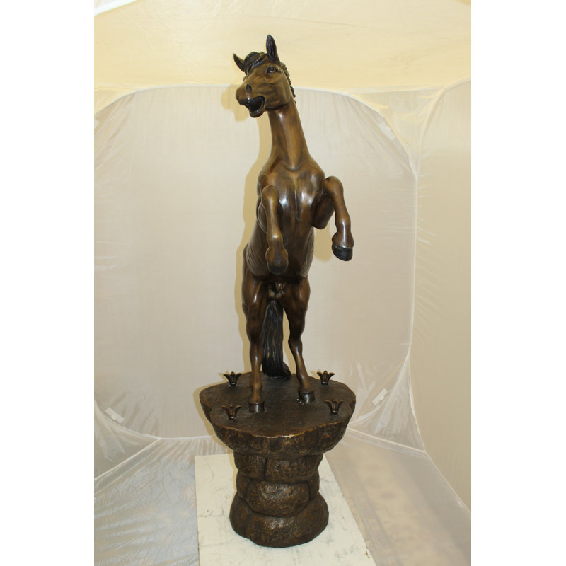 Metal Horse on a Rock Fountain Bronze Statue -  Size: 24"L x 18"W x 56"H.