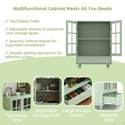 Minimalisme Buffet avec portes en verre doubles et tiroir, armoire de rangement moderne en bois pour le salon, hall d'entrée de la salle à manger (vert menthe)