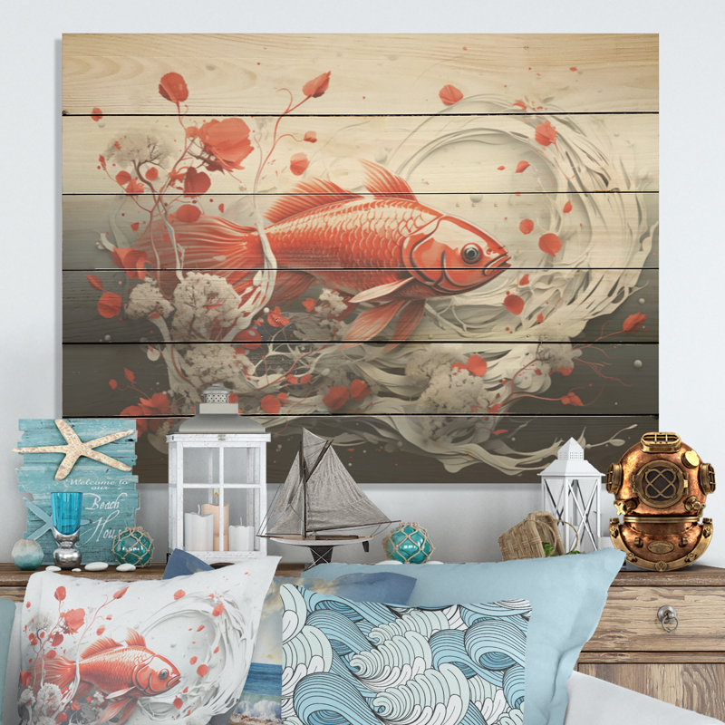 Red And Grey Kois Ffish Swimming With Serenity - Kois Fish Wood Panel Wall Art On Natural Pine Wood, 10" H x 20" W