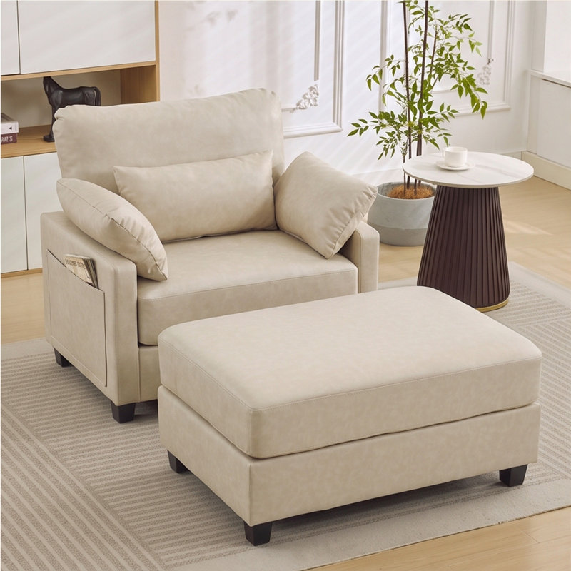 Fauteuil en cuir avec repose-pieds l 37,8 po, Beige Leather