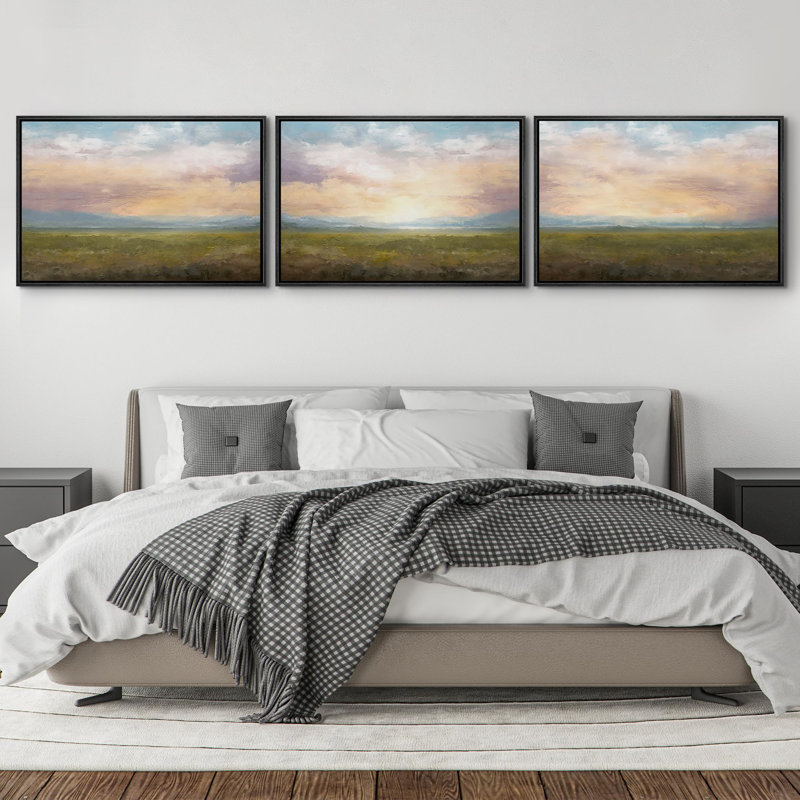 Campagne rustique, coucher de soleil, ciel, campagne française, paysage sauvage, nature, illustrations, 3 pièces, Cadre noir