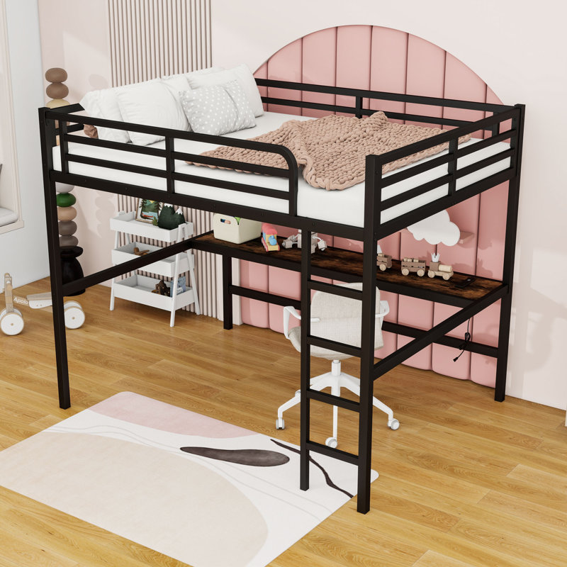 Queen Loft Bed With Power Outlet, LED Light, Desk And Ladder