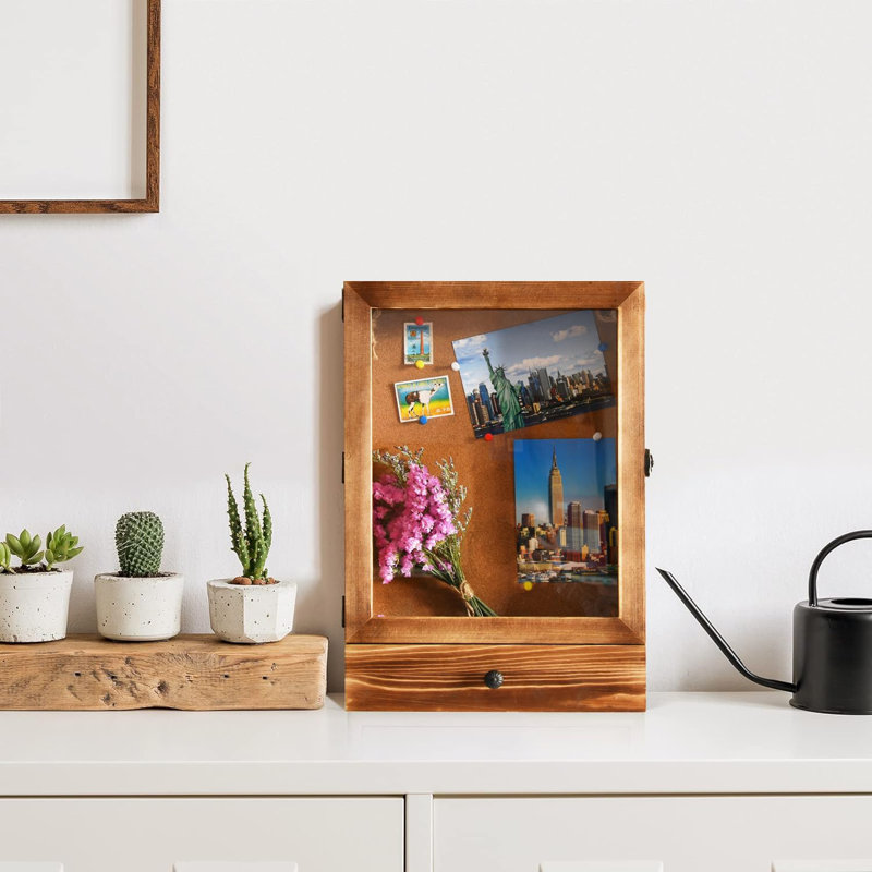 Shadow Box Frame , Drawer With Cork Back, Rustic Brown Wood With Polished Glass For Wall And Tabletop, Sturdy Memory Display Case