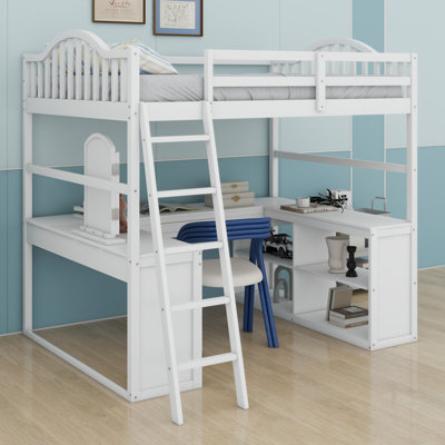 Wooden Loft Bed With U-Shaped Desk,Storage Compartments And Tri-Fold Mirror