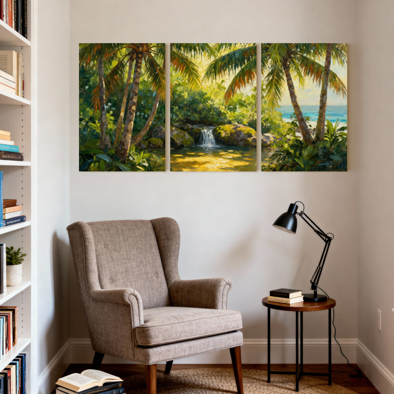 Palmiers, paradis tropical, cascade, palmiers, vue sur l'océan, ensemble de 3 impressions sur toile, H 24 po x l 48 po