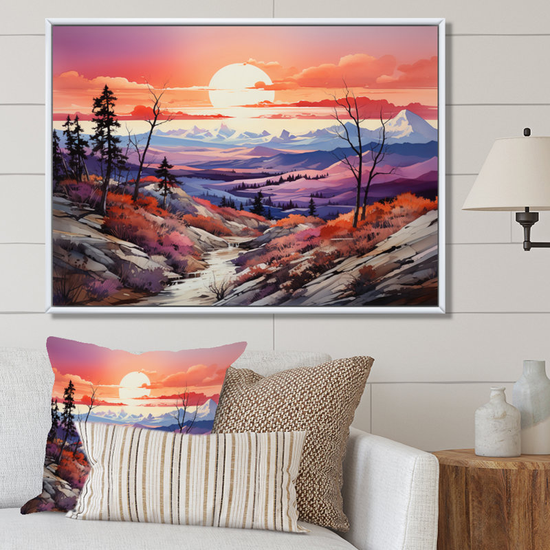 «Peach Purple Mountains Sierra Sunrise», reproduction d'art sur toile, H 34 po x l 44 po x P 1,5 po, Cadre flottant blanc