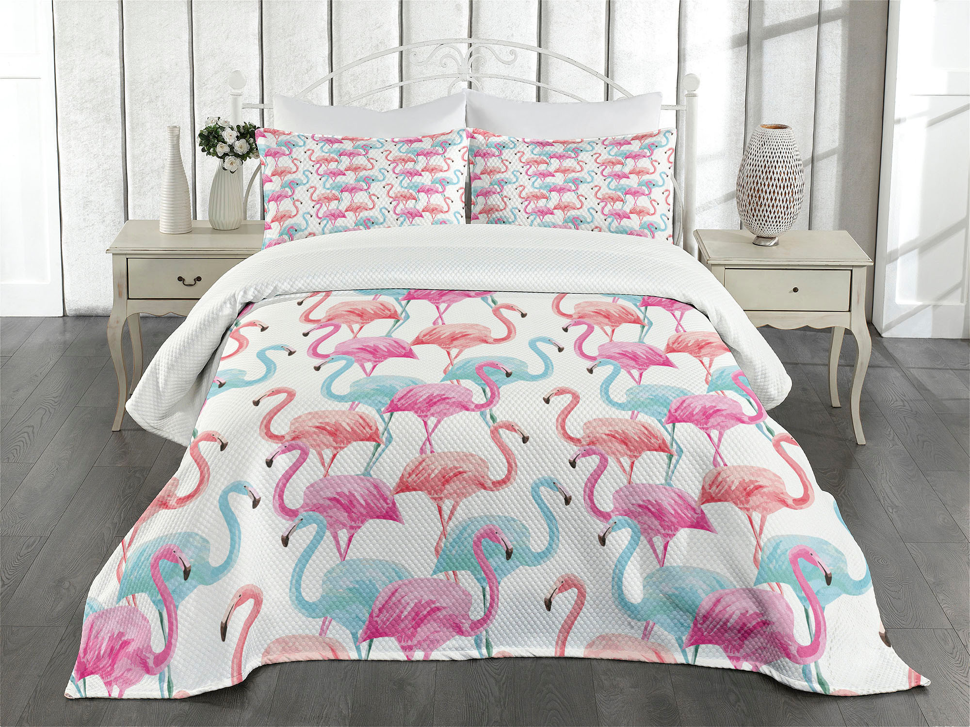 Ambesonne Watercolor Bedspread Set Hawaii Flamingos Pale Blue Salmon
