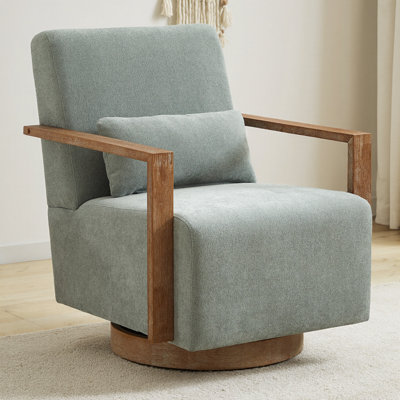 Fauteuil d'appoint pivotant de 29,72 po avec accoudoirs en bois massif - fauteuil de lecture à 360 °, revêtement en mélange de lin - accoudoirs évasés à structure ouverte, base en bois d'hévéa - pour hôtel, chambre à coucher, salon, bureau, chambre de bébé