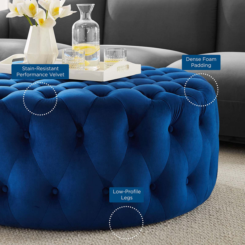 Luxurious Navy Velvet Tufted Large Round Ottoman