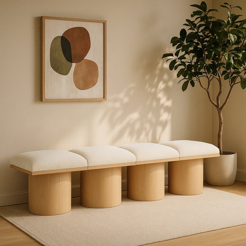 Banc rembourré Horatia, Naturel, Tissu crème bouclé, H 17,5 po x l 72 po x P 15,5 po