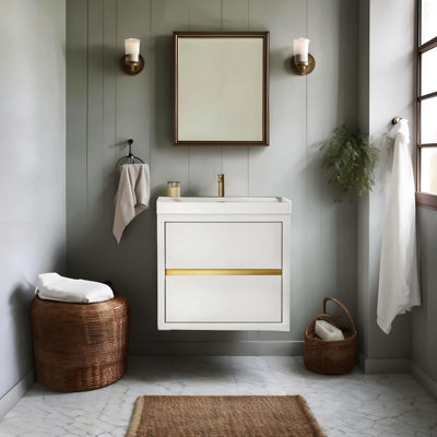 Meuble-lavabo mural 24 po avec lavabo, meuble de rangement flottant avec comptoir en résine de pierre, blanc brillant