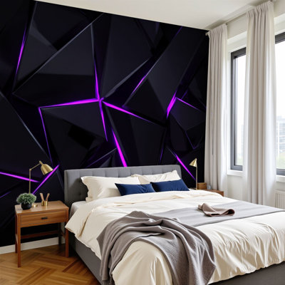 Peel and Stick Wallpaper Abstract Dark Geometric Polygon Neon Purple Glowing Lines Wall Murals 69"H x 96"W Removable PVC Wall Paper Self-Adhesive Wall Decor for Bedroom Living Room Home Office