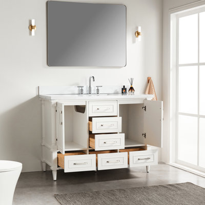 Meuble-lavabo simple autoportant, 48 po, entièrement assemblé, bois d'hévéa massif blanc, charnières à fermeture douce, 2 poignées de couleur différente, marbre d'ingénierie avec dosseret de 4 po et portes avec fermeture de 48 po