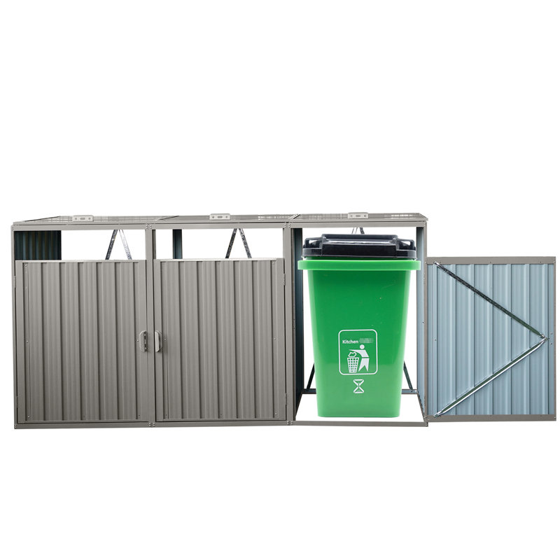 Remise à ordures en métal gris pour pelouse de jardin - Peut accueillir 3 poubelles, une pourriture facile à utiliser et à assembler, des soutes en acier galvanisé, propre