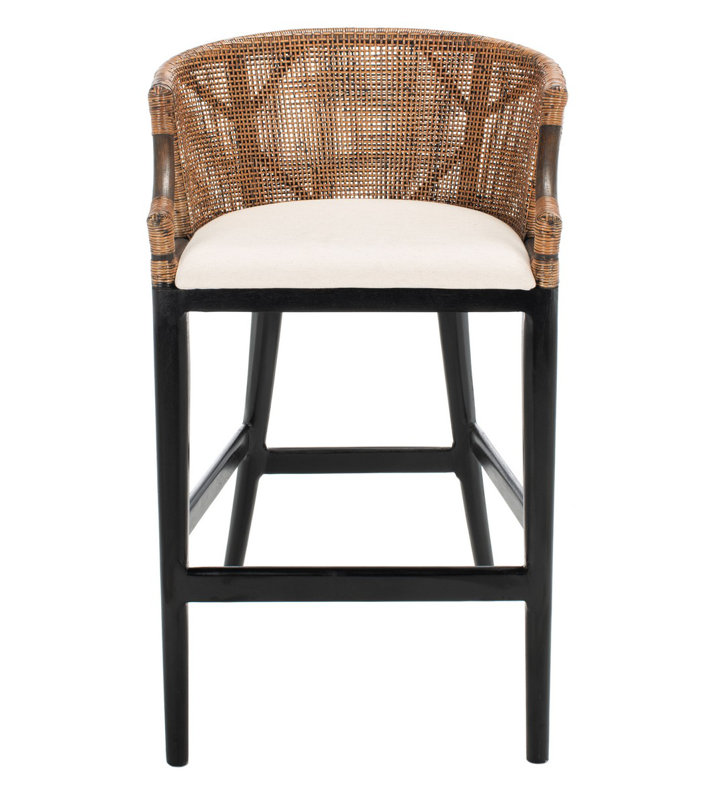 Morency Transitional Bar Stool - Mahogany Frame with Textured Rattan Backrest & Foam Cushion, Black/Brown, White