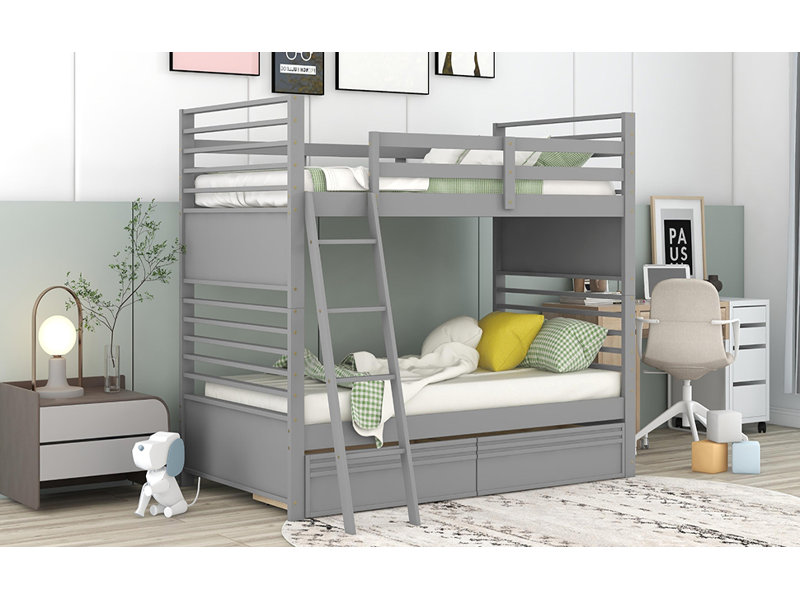 Lit superposé en bois avec deux tiroirs, Gris