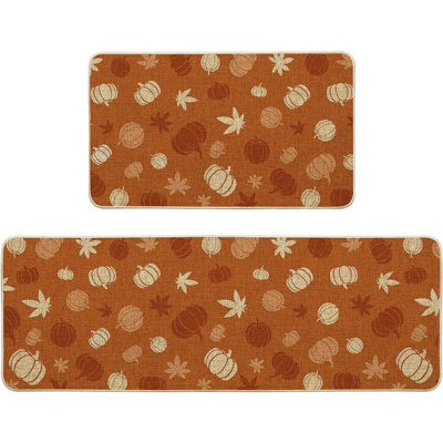 2PC Autumn Pumpkin Kitchen Rug Set – Orange Maple Leaf Farmhouse Floor Mats
