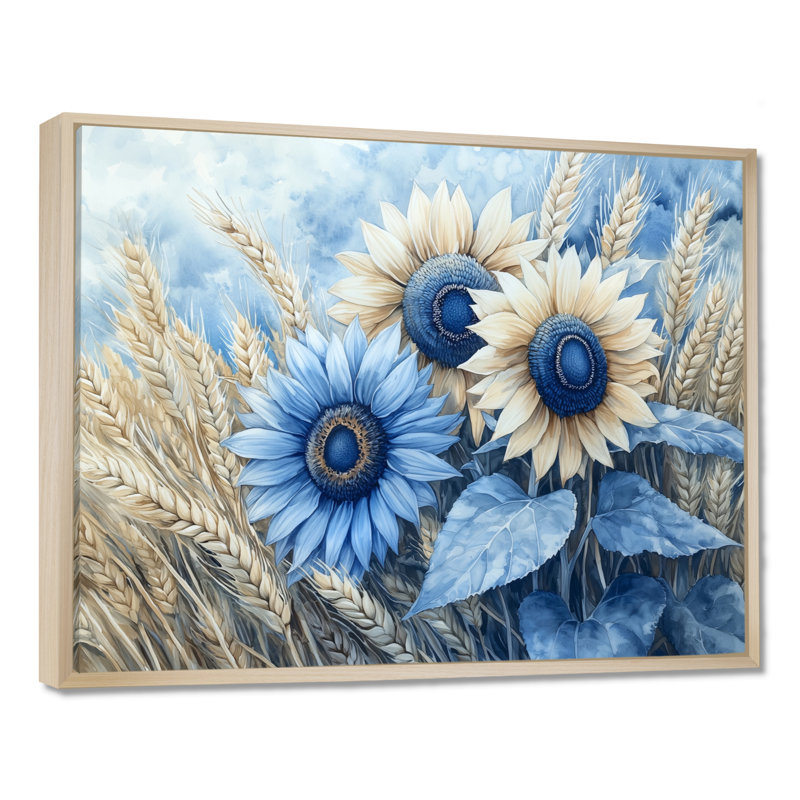 Art mural de tournesols Donasia, H 30 po x l 40 po, Impression encadrée flottante, Crème, crème