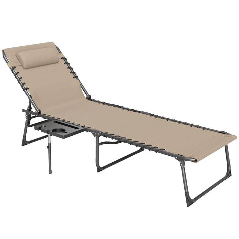 Folding Chaise Lounge Chair Outdoor Tanning Chair with Side Table, 5-Level Adjustable Beach Lounge Chair with Headrest, Side Pocket for Patio, Backyard, Beach, Poolside, Beige