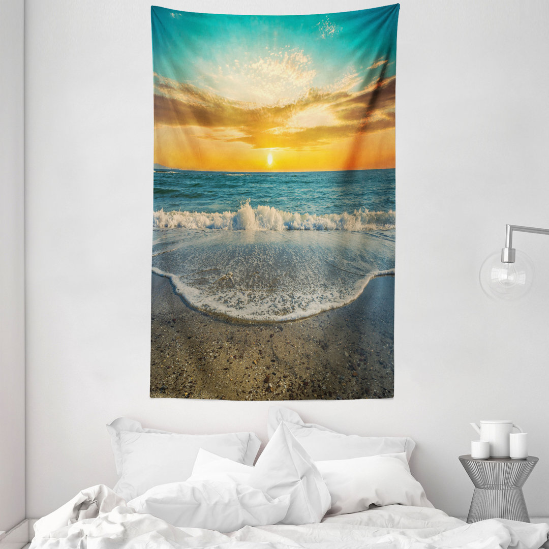 Wandteppich, Scenic Sunset Scenery Print, Apricot Teal und Meeresblau