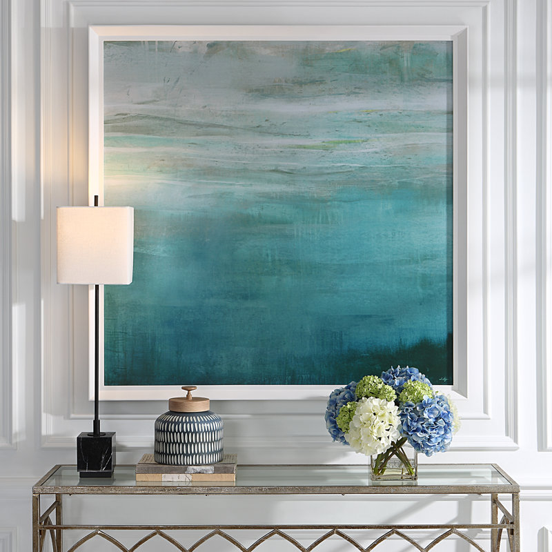 Teal Abstract Print with White Wooden Frame
