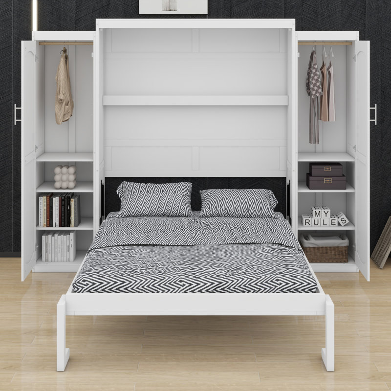 Murphy Bed with 2 Wardrobes and Storage Shelf, Space-Saving Design
